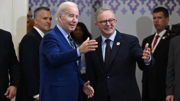 United States President Joe Biden and Australia's Prime Minister Anthony Albanese after a bilateral meeting during the The Association of Southeast Asian Nations ASEAN Summit in Phnom Penh in Cambodia, Sunday, November 13, 2022