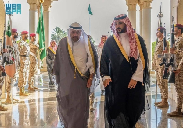 Saudi Minister of Defense Prince Khalid bin Salman receiving Kuwait’s Deputy Prime Minister and Minister of Defense Sheikh Ahmad Fahd Al-Ahmad Al-Sabah at his office in Riyadh