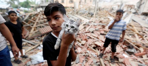 A five-year-old boy holds up his cat amidst the wreckage of his home in Gaza. — courtesy UNICEF/Mohammad Ajjour