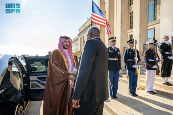 US Secretary of Defense Lloyd Austin receiving Saudi Minister of Defense Prince Khalid bin Salman in Washington on Wednesday.
