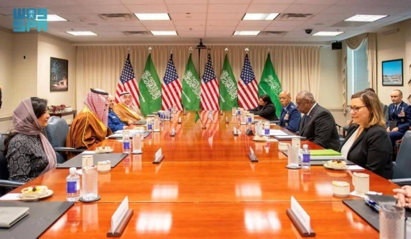 US Secretary of Defense Lloyd Austin receiving Saudi Minister of Defense Prince Khalid bin Salman in Washington on Wednesday.
