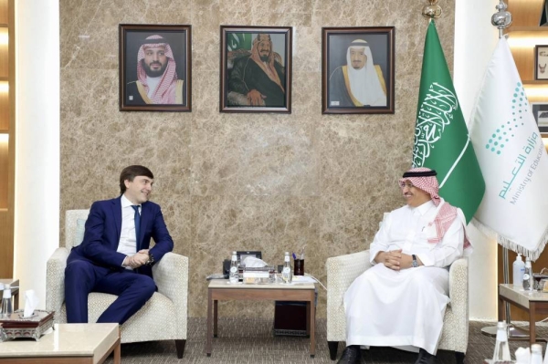 Education Minister Yousef Al-Benyan meets with his Russian counterpart Sergey Kravtsov in Riyadh