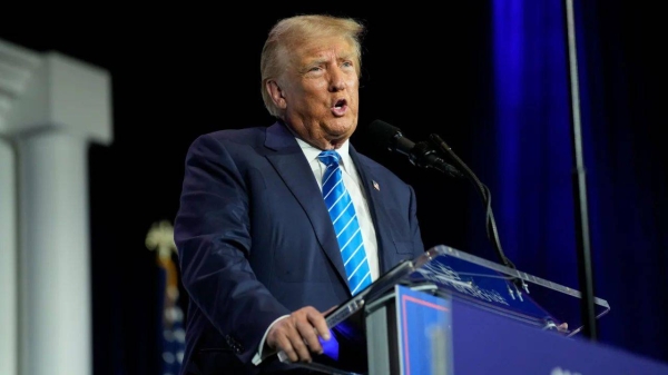 Former President Donald Trump speaks at an annual leadership meeting of the Republican Jewish Coalition, on October 28, 2023, in Las Vegas