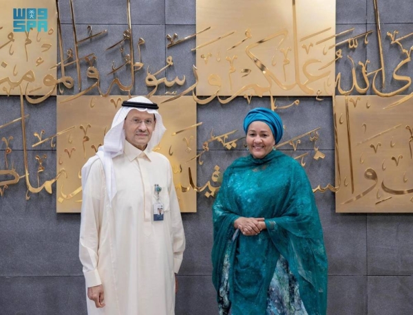 Prince Abdulaziz bin Salman receives Amina J. Mohammed in Riyadh on Sunday.