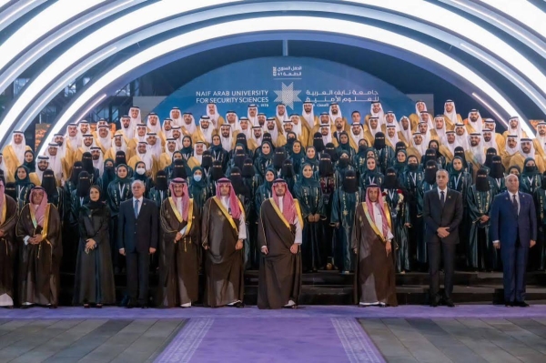 Minister of Interior Prince Abdul Aziz bin Saud bin Naif attending the annual graduation ceremony of Naif Arab University for Security Sciences in Riyadh on Monday.
