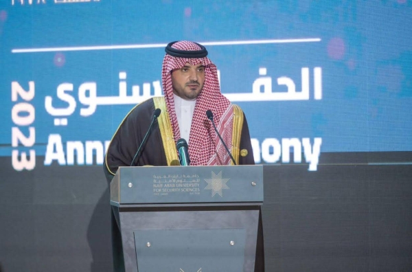 Minister of Interior Prince Abdul Aziz bin Saud bin Naif attending the annual graduation ceremony of Naif Arab University for Security Sciences in Riyadh on Monday.
