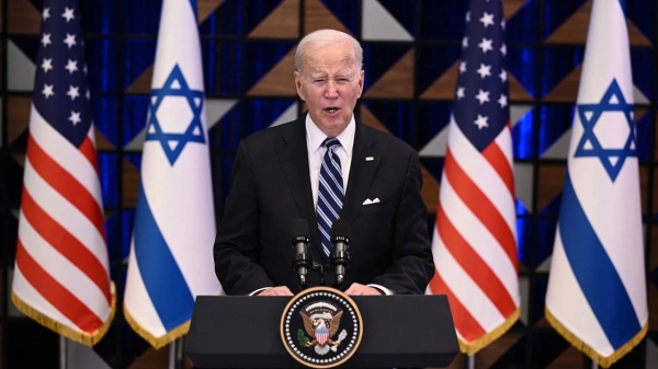 US President Joe Biden holds a press conference following a solidarity visit to Israel, on October 18, 2023, in Tel Aviv, amid the ongoing battles between Israel and the Palestinian group Hamas in the Gaza Strip