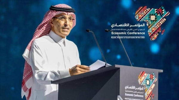 Saudi Finance Minister Mohammed Al-Jadaan addressing the Saudi Arab African Economic Conference in Riyadh on Thursday.