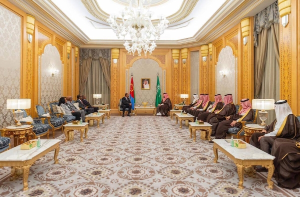 Crown Prince Mohammed bin Salman holds talks with President Isaias Afwerki of Eritrea in Riyadh on Monday.