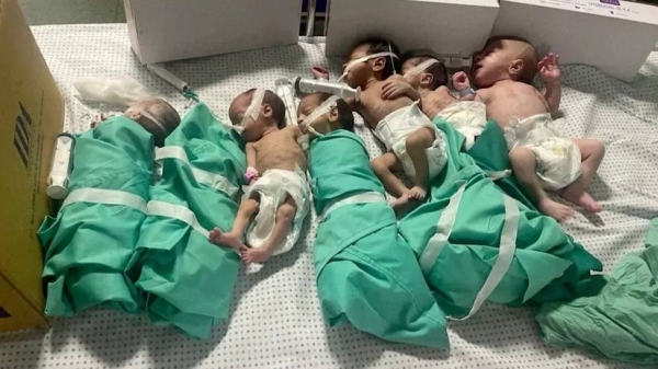 Babies trapped inside Al-Shifa hospital, in an image issued by medical staff