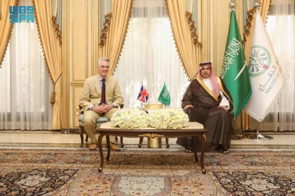 Assistant Minister of Defense Talal Al-Otaibi receives UK's Minister of Defense Procurement James Cartlidge in Riyadh.