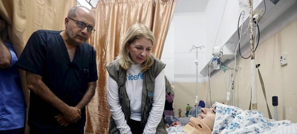 UNICEF Executive Director Catherine Russell visits Nasser Hospital in Khan Yunis, Gaza, where she met with patients and displaced families seeking shelter and safety, — courtesy UNICEF/UNI470988/