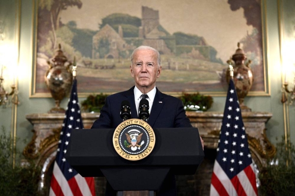TOPSHOT - US President Joe Biden speaks during a press conference after meeting with Chinese President Xi Jinping during the Asia-Pacific Economic Cooperation (APEC) Leaders' week in Woodside, California on November 15, 2023. US President Joe Biden and Chinese President Xi Jinping shook hands and pledged to steer their countries away from conflict on November 15, 2023, as they met for the first time in a year at a high-stakes summit in California. (Photo by Brendan SMIALOWSKI / AFP) (Photo by BRENDAN SMIALOWSKI/AFP via Getty Images)