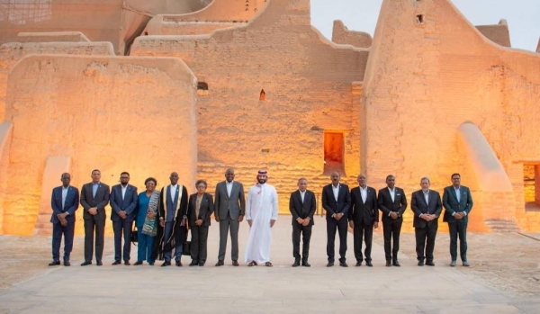 Saudi Crown Prince and Prime Minister Mohammed bin Salman is flanked by leaders of the CARICOM countries during the first Saudi - CARICOM Summit in Riyadh on Thursday.