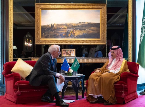 Foreign Minister Prince Faisal Bin Farhan during his meeting with Josep Borrell, the High Representative of the EU for Foreign Affairs and Security Policy.
