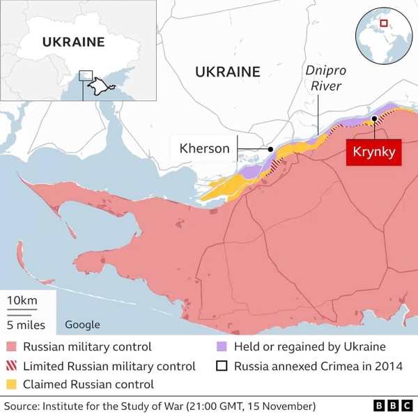 Map showing territorial control around Kherson and the village of Krynky