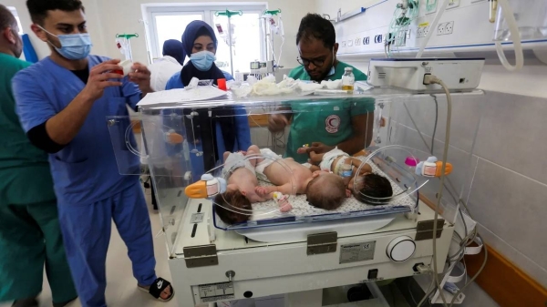 Babies that had been evacuated from Al-Shifa Hospital in Gaza City being treated at a hospital in Rafah, Gaza, on November 19
