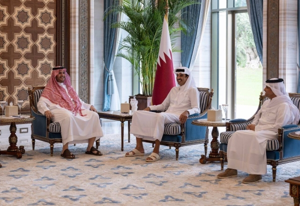 Emir of Qatar Sheikh Tamim Bin Hamad Al Thani met on Monday with Saudi Arabia’s Minister of State and Cabinet Member Prince Turki Bin Mohammad and his accompanying delegation at the Lusail Palace in Doha.