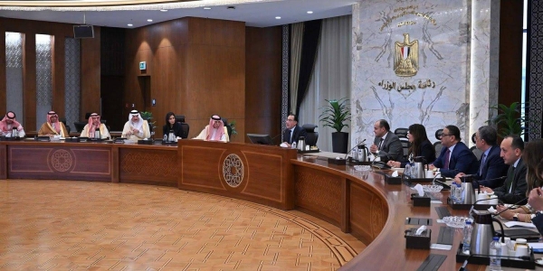 Egyptian Prime Minister Dr. Mustafa Madbouli and Saudi Minister of Commerce Dr. Majed Al-Qasabi attending a meeting of senior officials and business leaders from both countries in Cairo.
