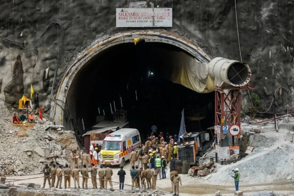 An ambulance goes inside a tunnel where rescue operations are underway to rescue trapped workers in Uttarakhand, India, November 28, 2023
