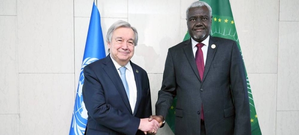 File photo of UN Secretary-General António Guterres (left) and the Chairperson of the African Union Moussa Faki Mahamat in Addis Ababa, Ethiopia, in February 2023. — courtesy UNECA/Daniel Getachew