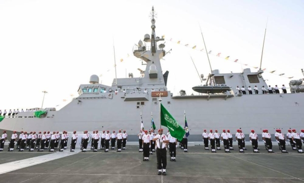 Minister of Defense Prince Khalid bin Salman attending the inaugural ceremony of ‘His Majesty’s Ship Jazan’ at King Faisal Naval Base in Jeddah on Monday