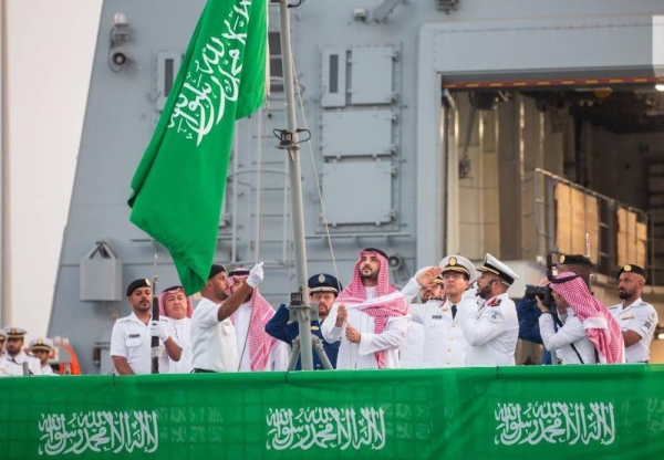 Minister of Defense Prince Khalid bin Salman attending the inaugural ceremony of ‘His Majesty’s Ship Jazan’ at King Faisal Naval Base in Jeddah on Monday