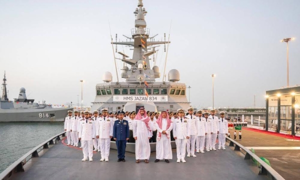 Minister of Defense Prince Khalid bin Salman attending the inaugural ceremony of ‘His Majesty’s Ship Jazan’ at King Faisal Naval Base in Jeddah on Monday