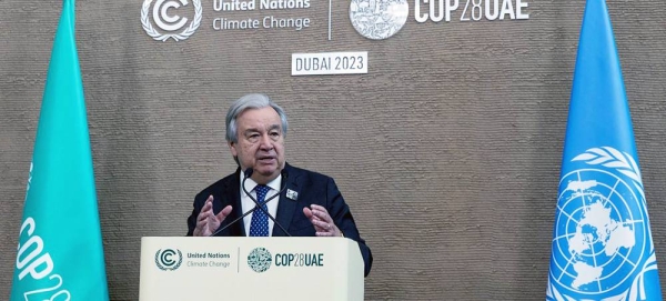 UN Secretary-General António Guterres speaks to reporters at Expo City, the venue for the UN climate change conference, COP28, in Dubai, United Arab Emirates. — courtesy UNFCCC/Kiara Worth