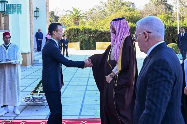 Crown Prince of Morocco Moulay Hassan bin Mohammed receiving Saudi Minister of State and Member of the Cabinet Prince Turki bin Mohammed in Rabat on Monday.
