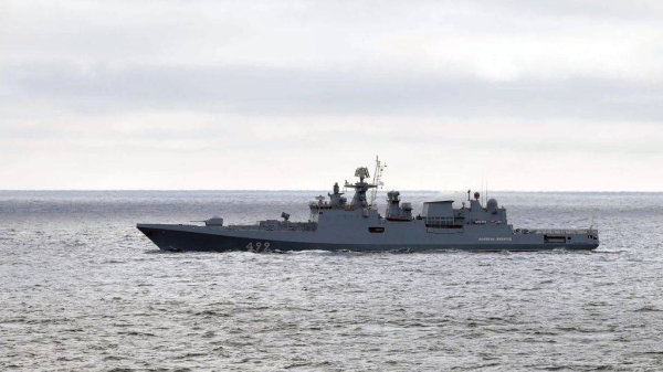 A Russian warship takes part in maneuvers in the Black Sea, Crimea