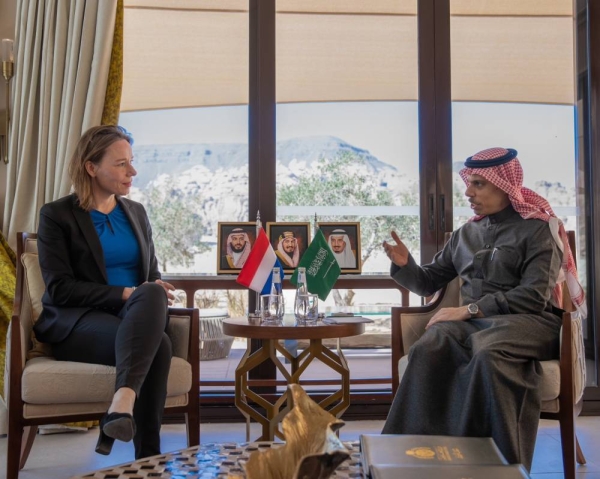 Foreign Minister Prince Faisal bin Farhan receives Dutch Foreign Minister Hanke Bruins Slot in Al Ula on Monday.
