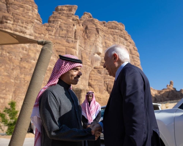 Saudi Minister of Foreign Affairs Prince Faisal bin Farhan receiving High Representative of the European Union for Foreign Affairs and Security Policy Josep Borrell in Al Ula on Monday.