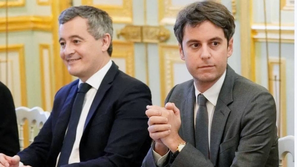 Gérald Darmanin and new French prime minister Gabriel Attal attend the weekly Cabinet meeting. — courtesy Getty Images