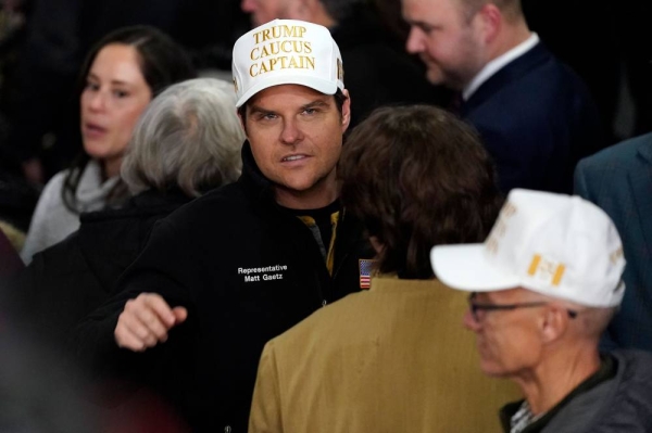 Rep. Matt Gaetz, R-Fla., arrives before Republican presidential candidate former President Donald Trump speaks at a caucus night party in Des Moines, Iowa, Monday, Jan. 15, 2024.(AP Photo/Pablo Martinez Monsivais)