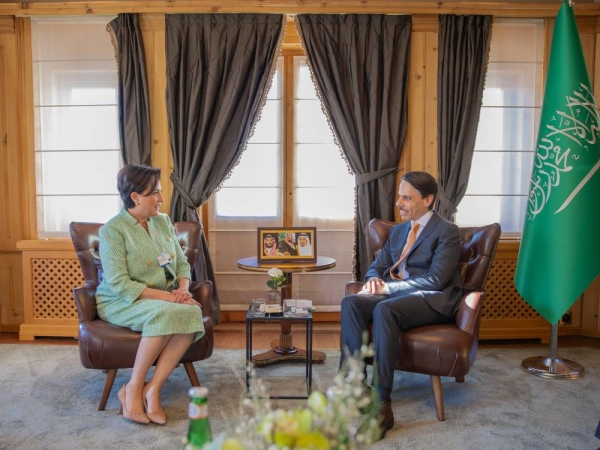 Saudi Foreign Minister Prince Faisal bin Farhan meets with Ecuador's Minister of Foreign Affairs and Human Mobility Gabriela Sommerfeld on the sidelines of the 2024 World Economic Forum in Davos. 