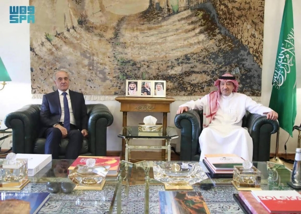 Deputy Minister of Foreign Affairs Eng. Walid Al-Khereiji receives Dr. Muhammad Soussan, new ambassador of Syria to Saudi Arabia, in Riyadh on Tuesday.
