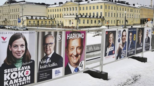 A view of campaign posters of the Finnish presidential candidates in Helsinki, Finland, Wednesday, Jan. 10, 2024