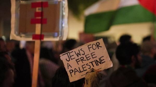 Demonstrators march during a pro-Palestinian protest, Saturday, Oct. 14, 2023, in Cincinnati. -