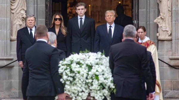 Melania Trump's father Viktor Knavs, Melania Trump, Barron Trump, and Donald Trump at the funeral in Florida