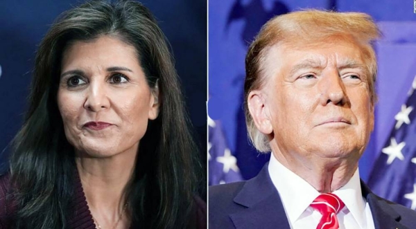 Nikki Haley, left, and Donald Trump. Trump appears to confuse Haley with Nancy Pelosi, reiterates false Jan. 6 claims
