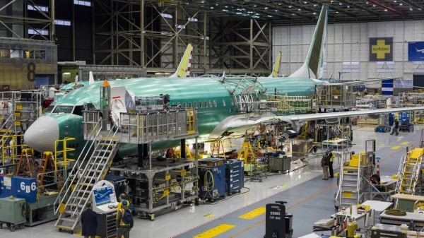 The Boeing 737 MAX airplane on the production line at the company's manufacturing facility in Renton, Washington, seen in 2015