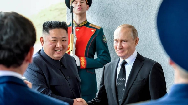 Russian President Vladimir Putin and North Korean leader Kim Jong Un shake hands during their meeting in Vladivostok, Russia, on April 25, 2019