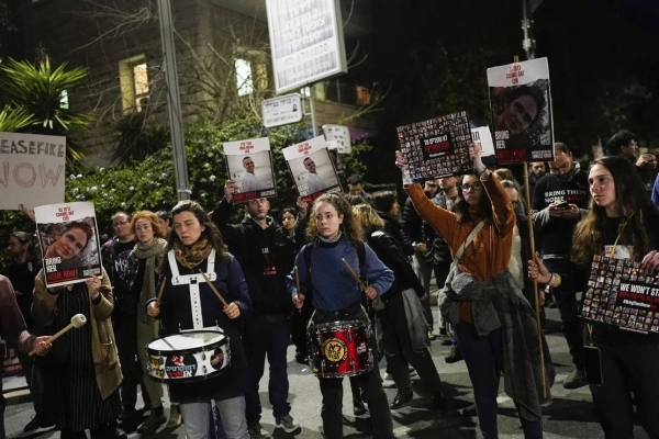 Relatives and supporters of the Israeli hostages held in the Gaza Strip by Hamas attend a protest calling for their release outside Israeli Prime Minister Benjamin Netanyahu's residence, in Jerusalem on Sunday