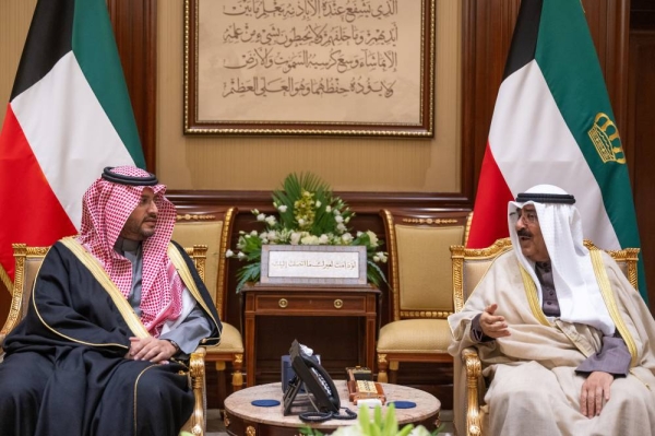 The Emir of Kuwait Sheikh Meshal Al-Ahmad Al-Jaber Al-Sabah received at Bayan Palace on Monday Prince Turki Bin Mohammed Bin Fahd, Minister of State and Member of the Cabinet, along with the accompanying delegation.