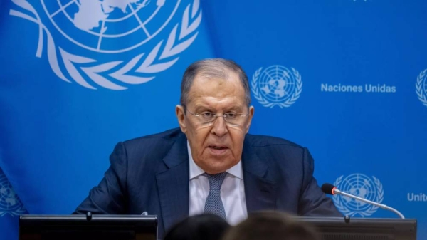 Russia Foreign Minister Sergey Lavrov speaks at a media briefing on Wednesday, Jan. 24, 2024, at United Nations Headquarters