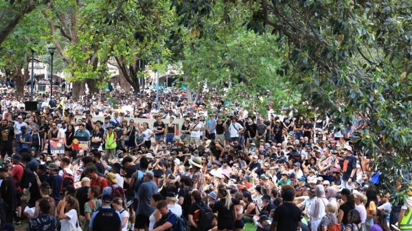 Demonstrators pack Belmore Park in Sydney for an Invasion Day rally on January 26, 2024