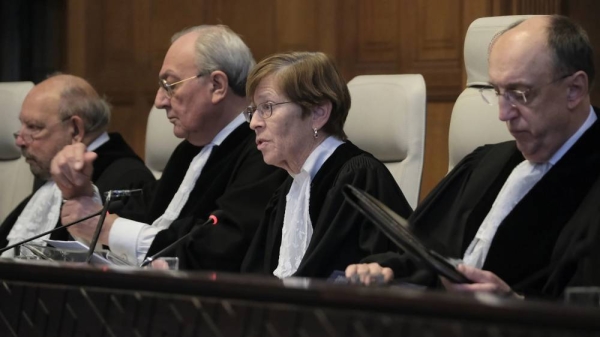 Judge Joan Donoghue, President of the International Court of Justice, speaks at Peace Palace in The Hague, the Netherlands, January 26, 2024