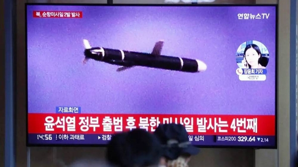 A previous North Korean missile launch seen on TV in Seoul. — courtesy Getty Images