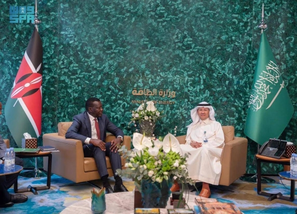 Minister of Energy Prince Abdulaziz bin Salman holds talks with Kenya’s Cabinet Secretary for Energy and Petroleum Davis Chirchir in Riyadh on Monday.